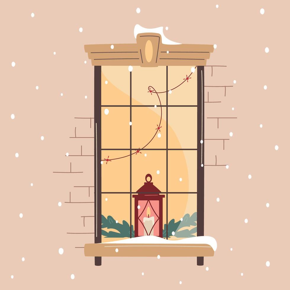 Christmas window with candlestick and lit candles decorated with lights and fir branches. Snowfall, warm Christmas or New Year atmosphere. Cozy winter evening vector