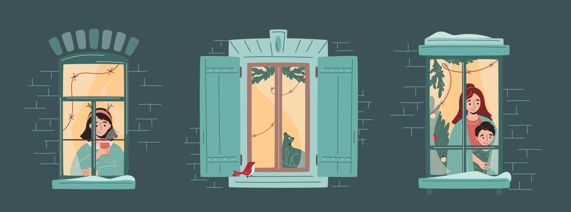 Set of Christmas window decorated with lights, fir branches with characters, girl, mother and sun, cat. Snowfall, warm Christmas or New Year atmosphere. Cozy winter evening vector