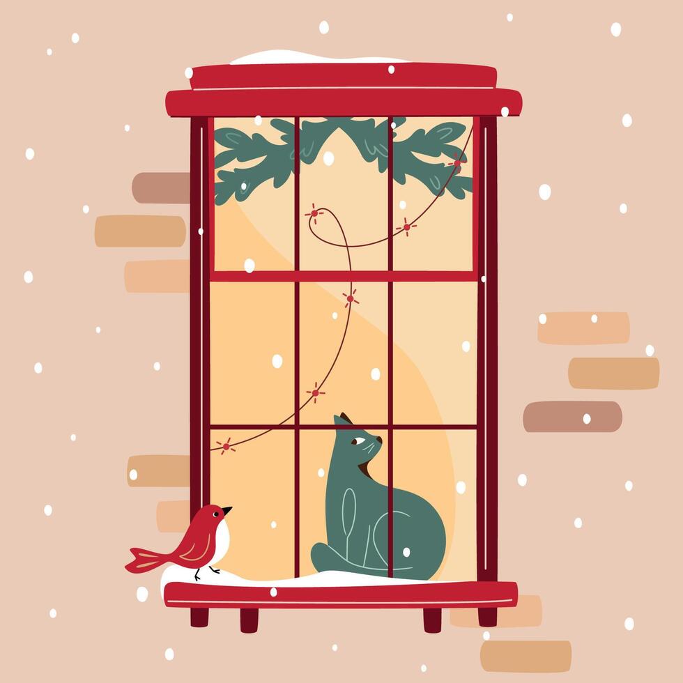 Christmas window, cat sitting at windowsill and looking at bird outside, window decorated with lights and fir branches. Snowfall, warm Christmas atmosphere. Cozy winter vector