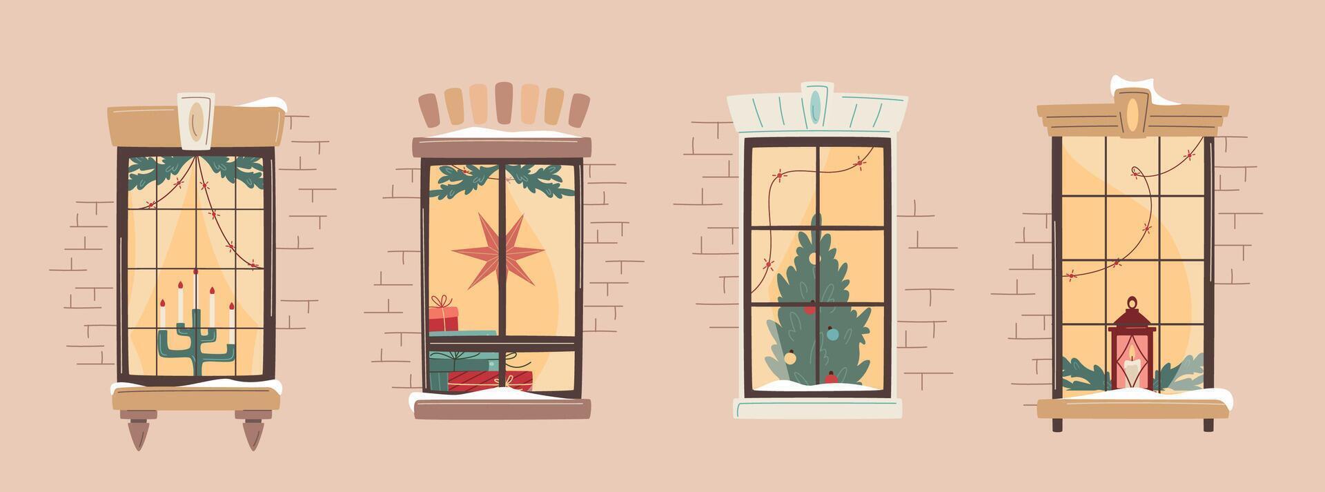 Set of Christmas window decorated with lights, fir branches, pile of gift boxes and decorated christmas tree. Snowfall, warm Christmas or New Year atmosphere. Cozy winter evening vector