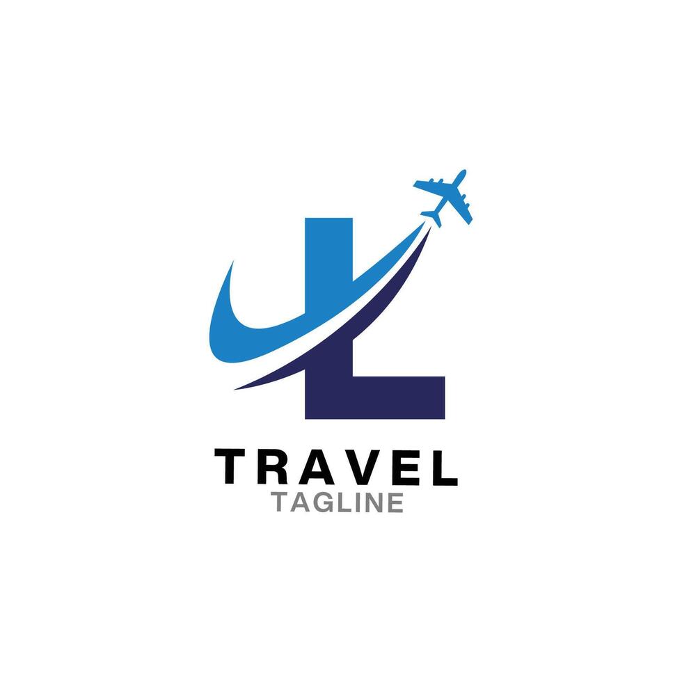 Abstract letter L with plane and airline logo design. Suitable for travel label, tourism, journey posters, flight company advertising, airways identity, and tech transportation vector