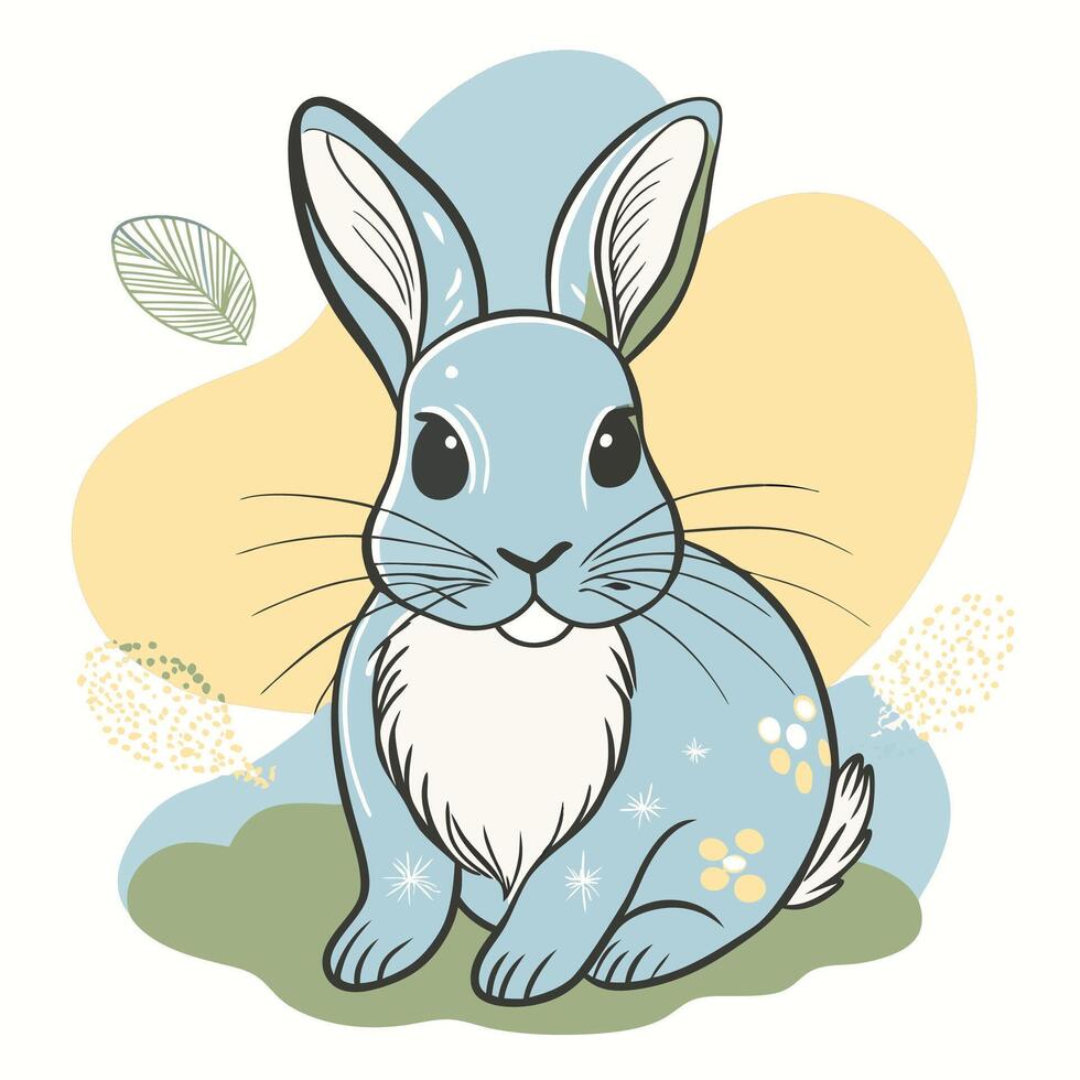 A cartoon rabbit sitting on grass with leaves vector