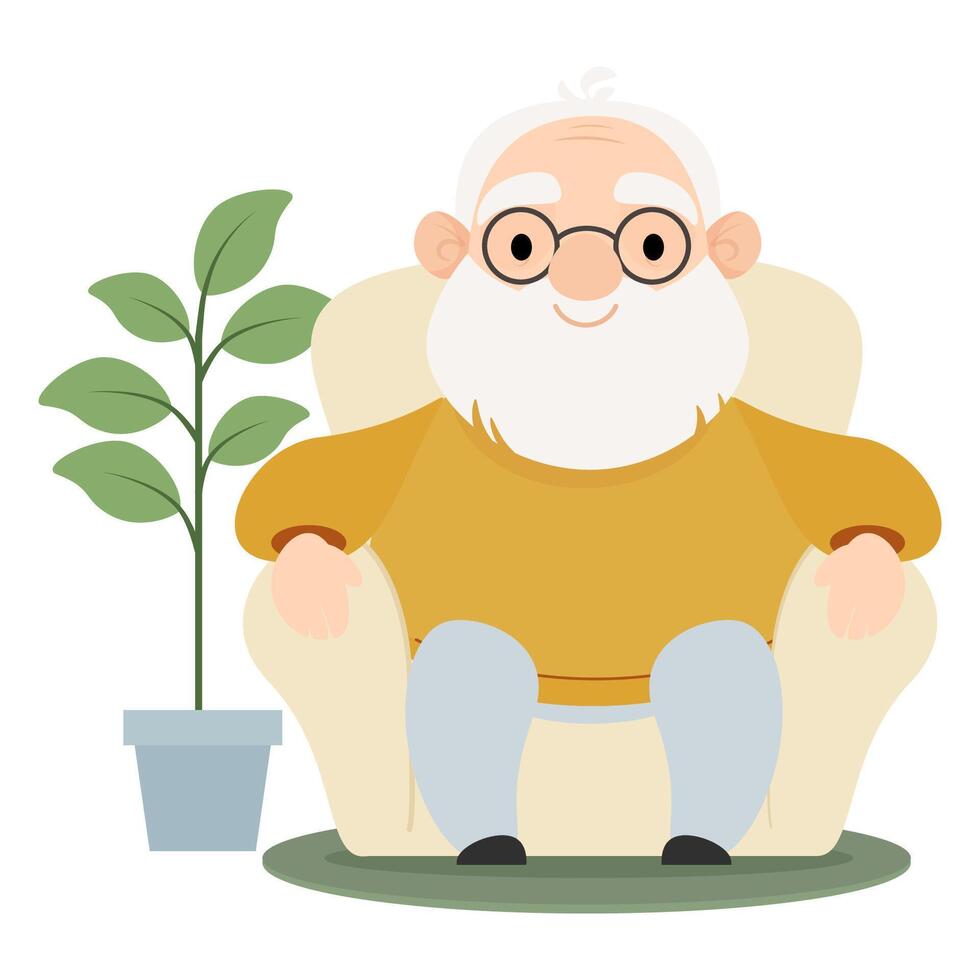 Senior elderly man sitting in a armchair at home vector