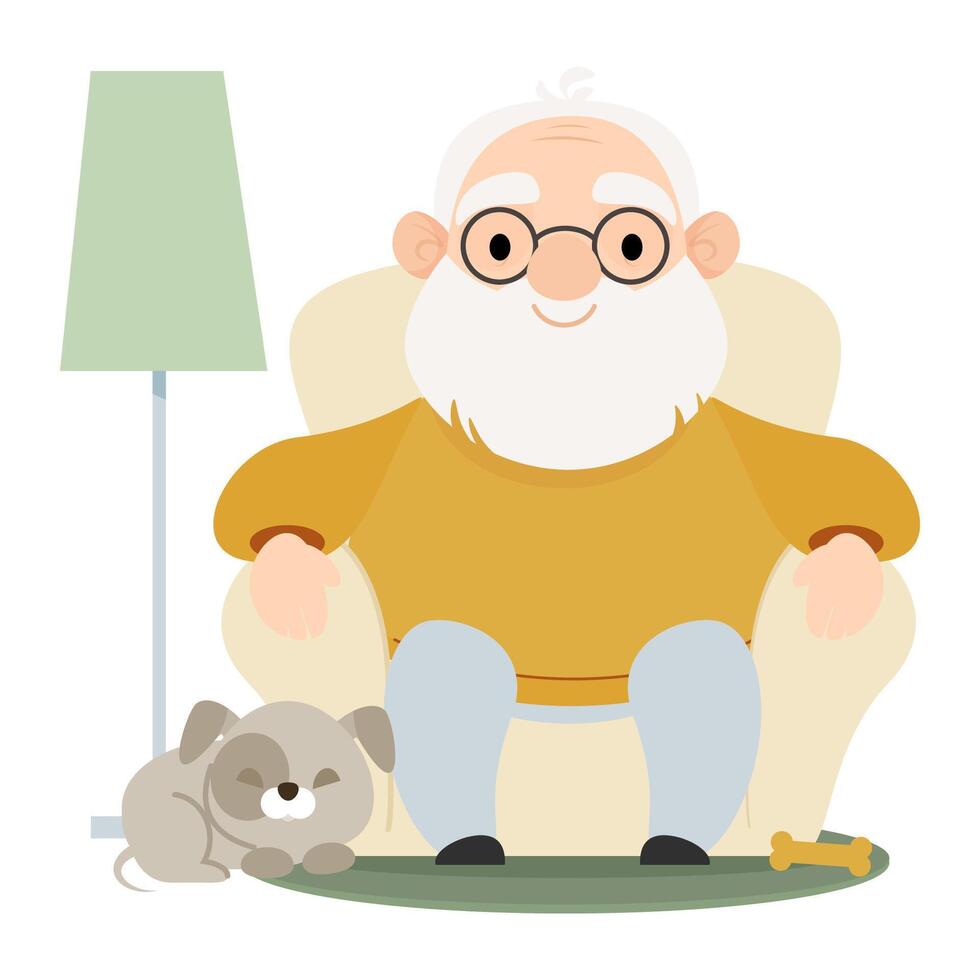 Senior elderly man sits in a soft chair at home with a dog lying nearby vector