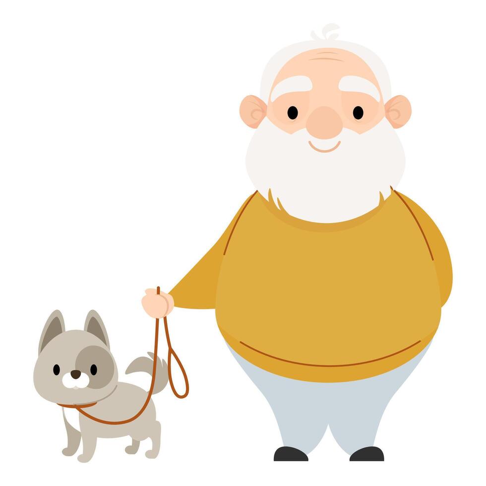 Senior elderly man walking his dog on a leash vector