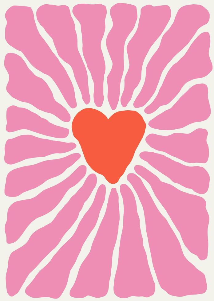 Abstract groovy heart shape with beam in trendy naive retro hippie 60s 70s style. Vertical poster with abstract wavy heart vector