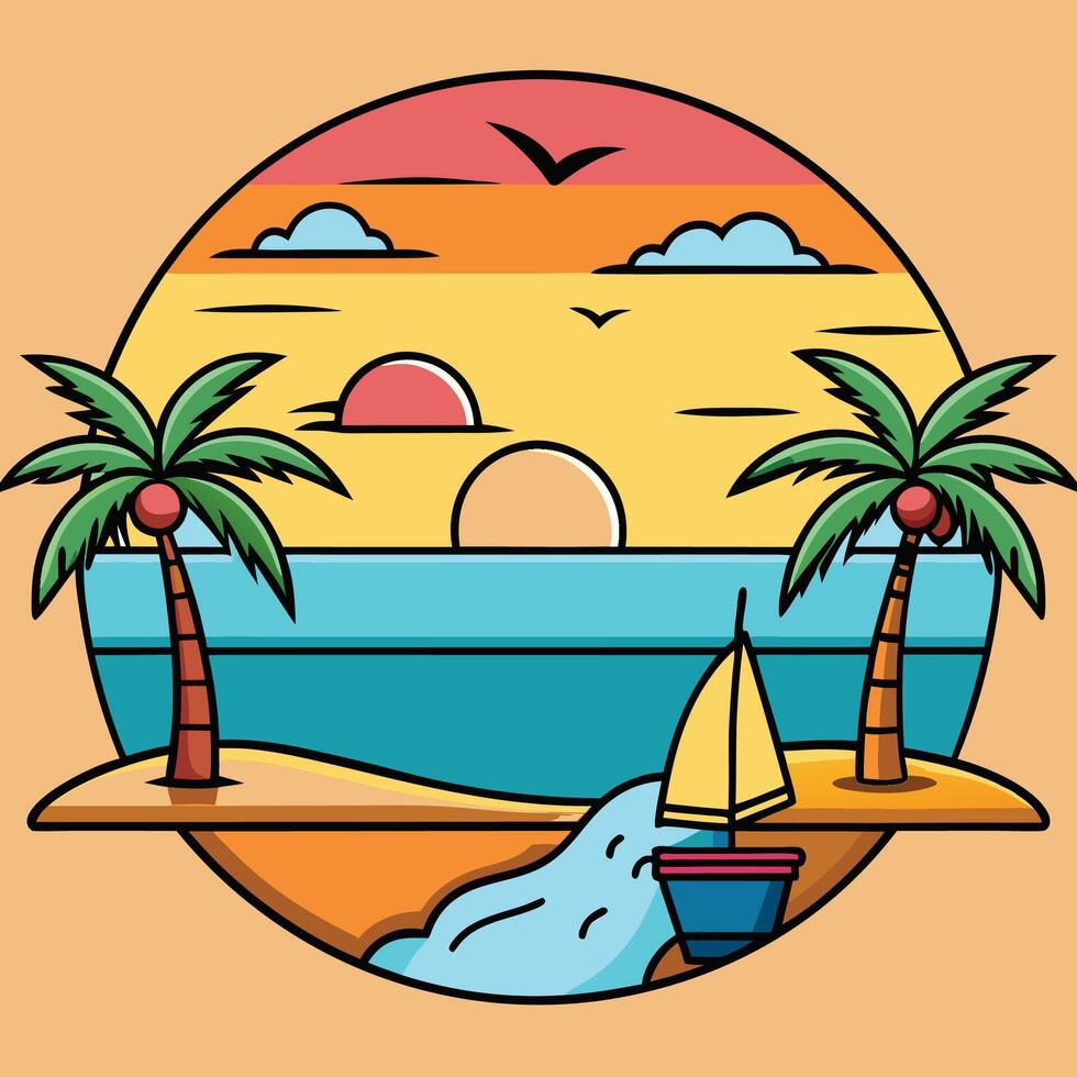 A cartoon illustration of a sailboat on the beach with palm trees vector