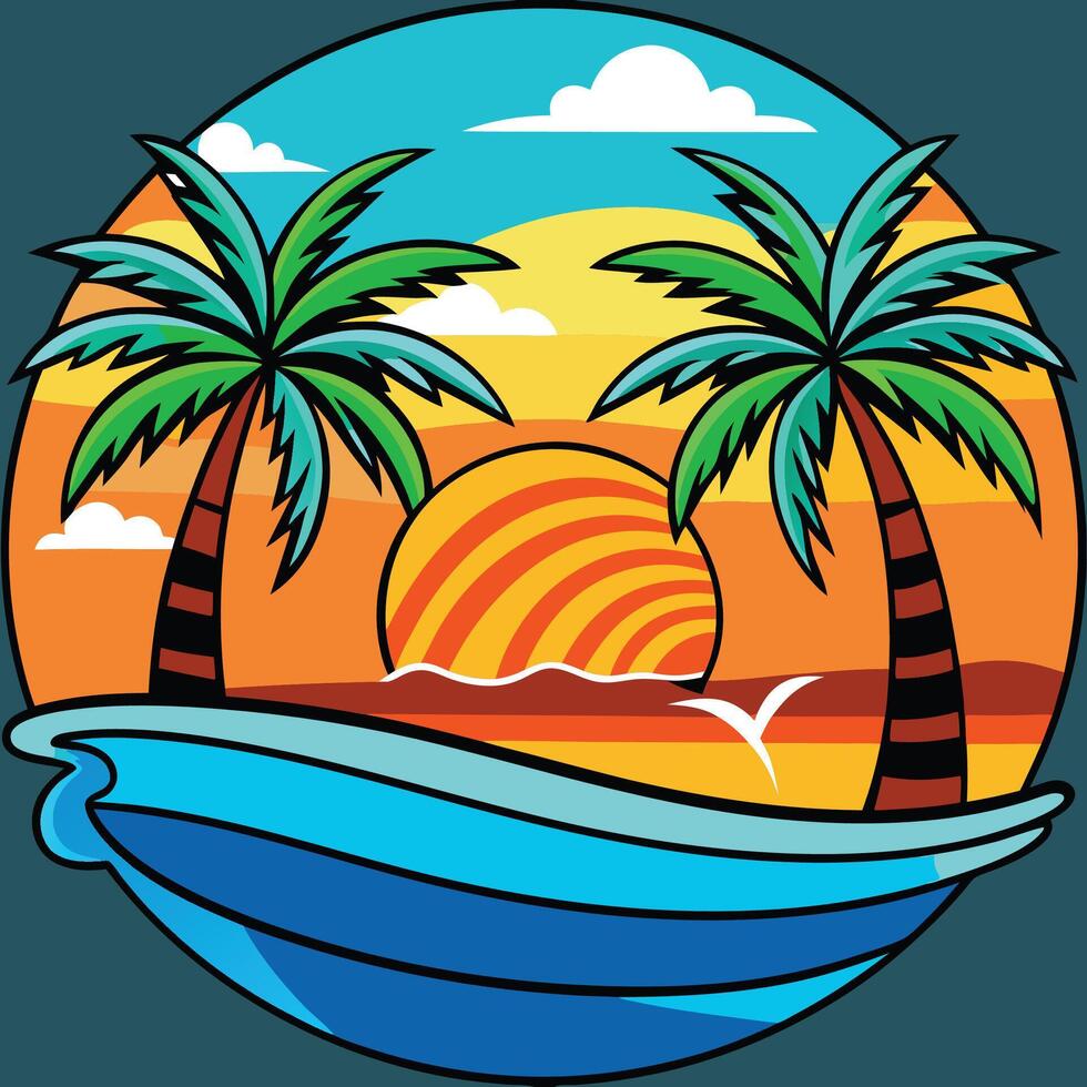 A cartoon palm tree and sunset on a beach vector