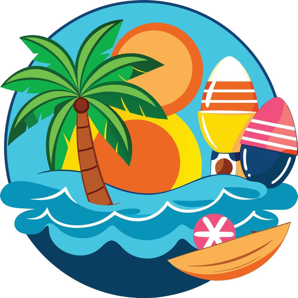 A cartoon beach scene with palm trees and a boat vector