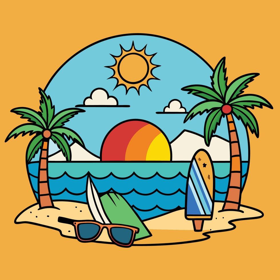 A cartoon illustration of a beach scene with palm trees and surfboard vector