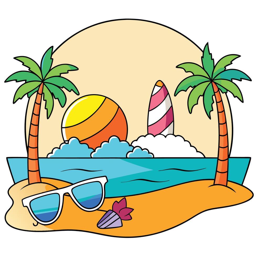 Tropical beach with palm trees and sun vector