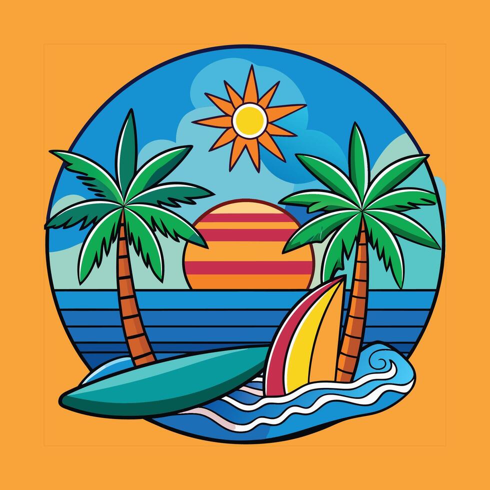 A cartoon illustration of a surfboard and palm trees vector