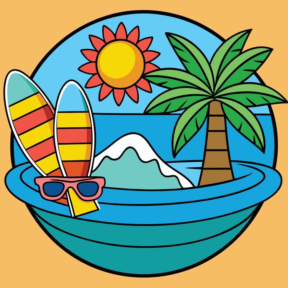 A cartoon illustration of a surfboard and palm tree vector