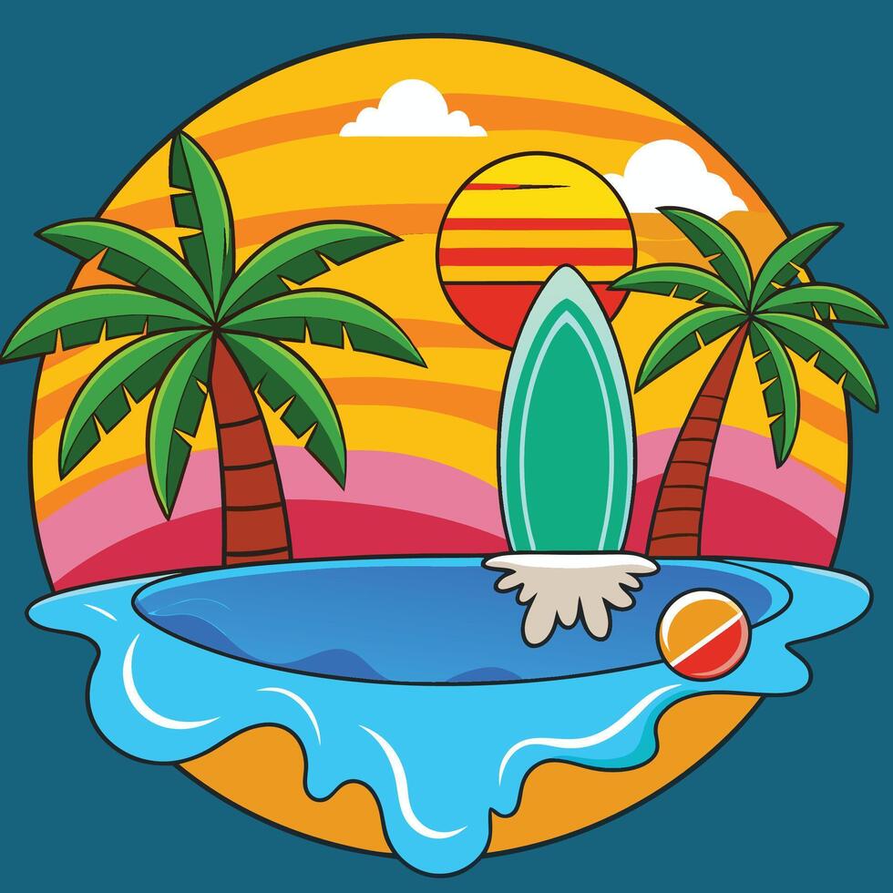 A cartoon illustration of a surfboard and palm trees vector