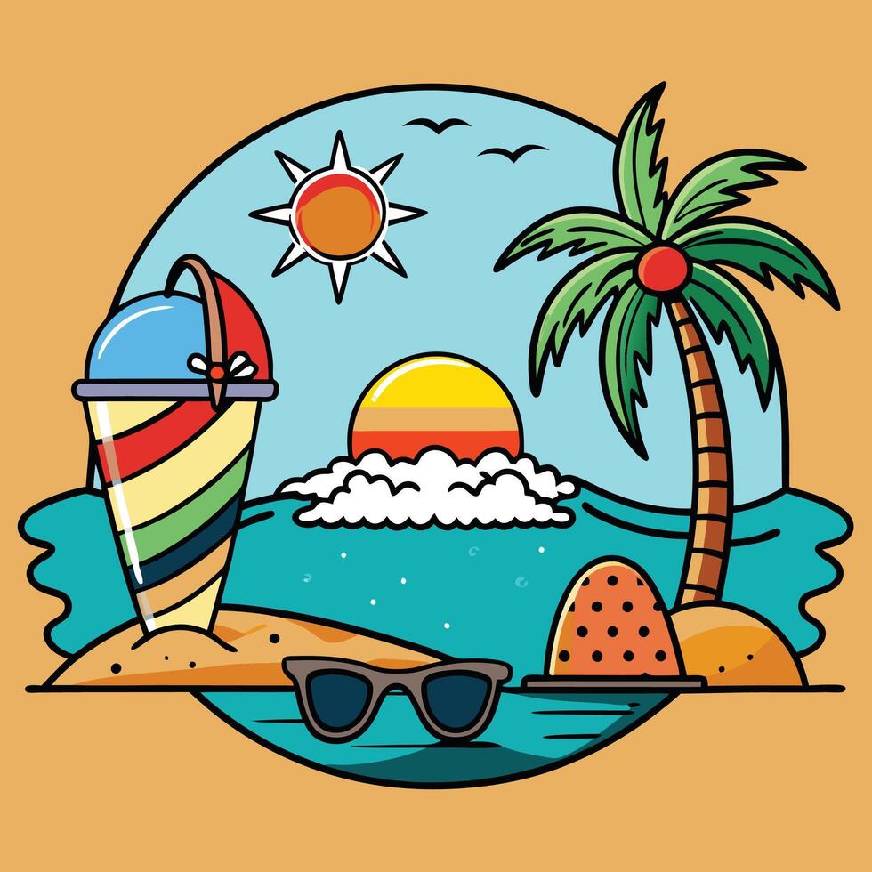 Tropical beach with palm trees and ice cream vector