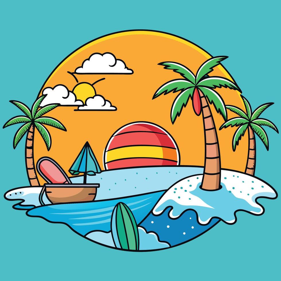 A cartoon illustration of a beach scene with palm trees and a boat vector