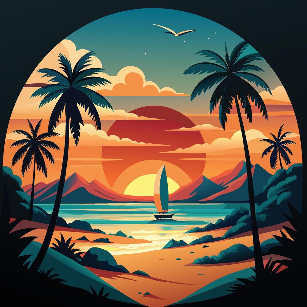A poster of a sunset with palm trees and a sailboat vector