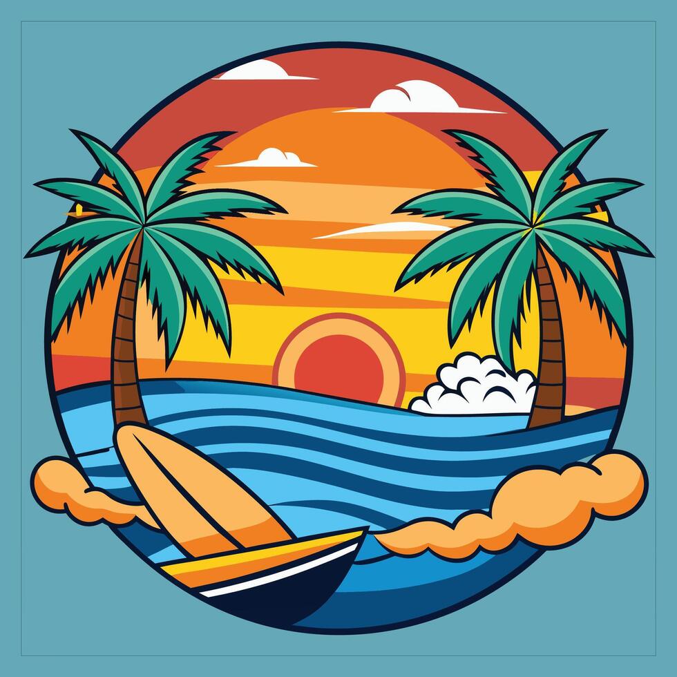 A cartoon illustration of a surfboard on the beach with palm trees vector