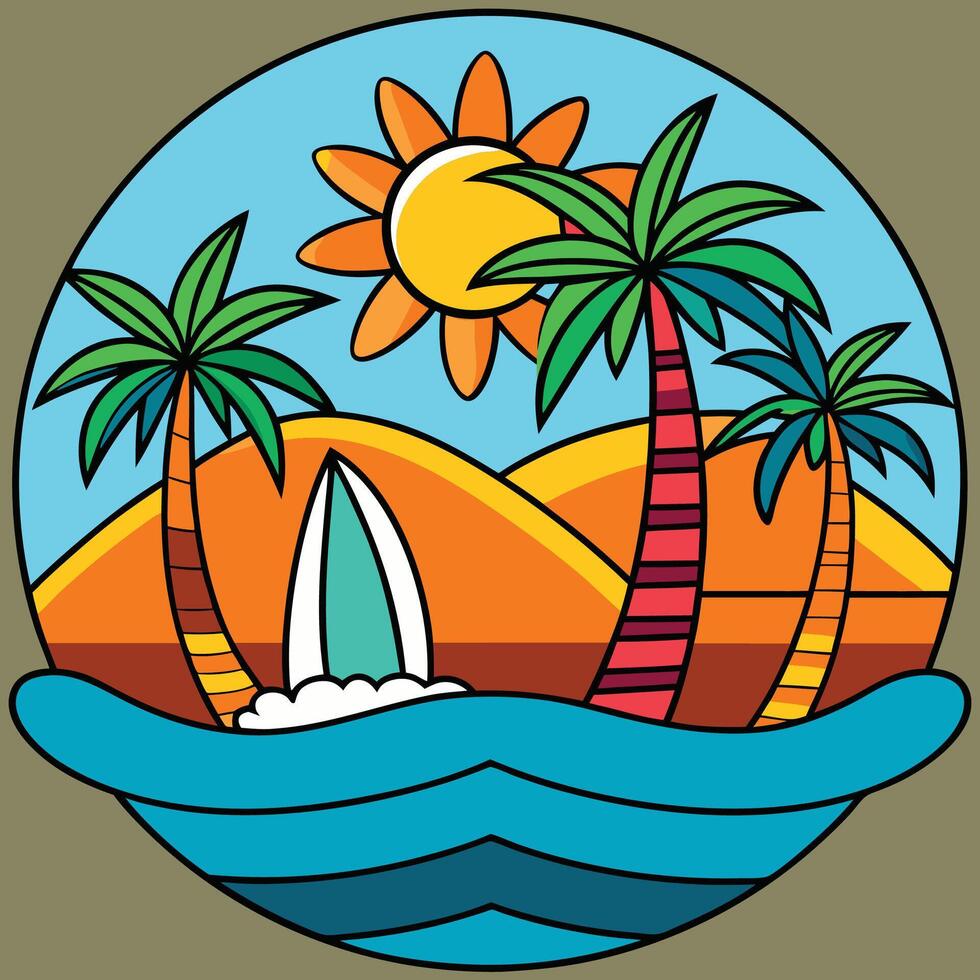 A cartoon illustration of palm trees and a sailboat vector