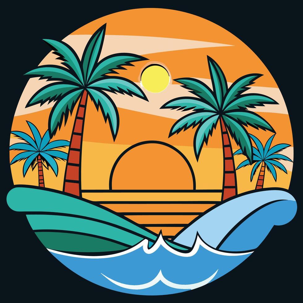 Tropical island with palm trees and waves at sunset vector