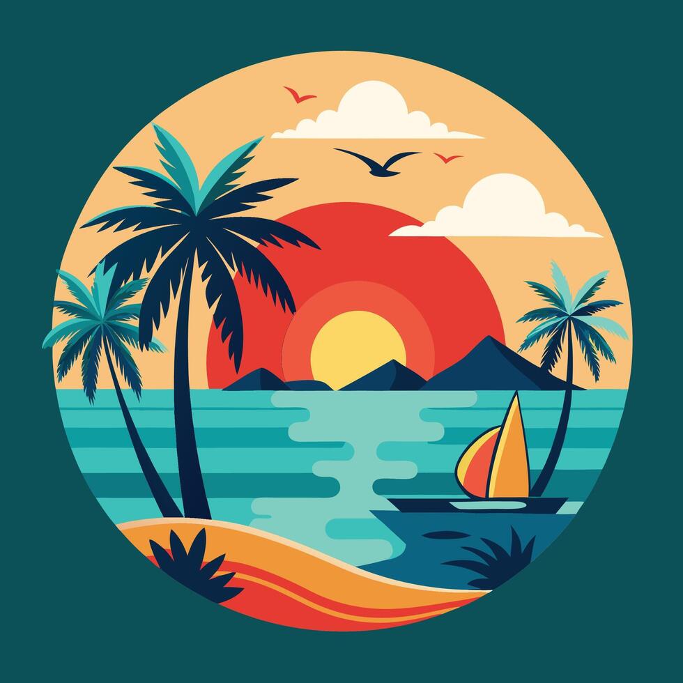 Tropical island with palm trees and sailboat at sunset vector