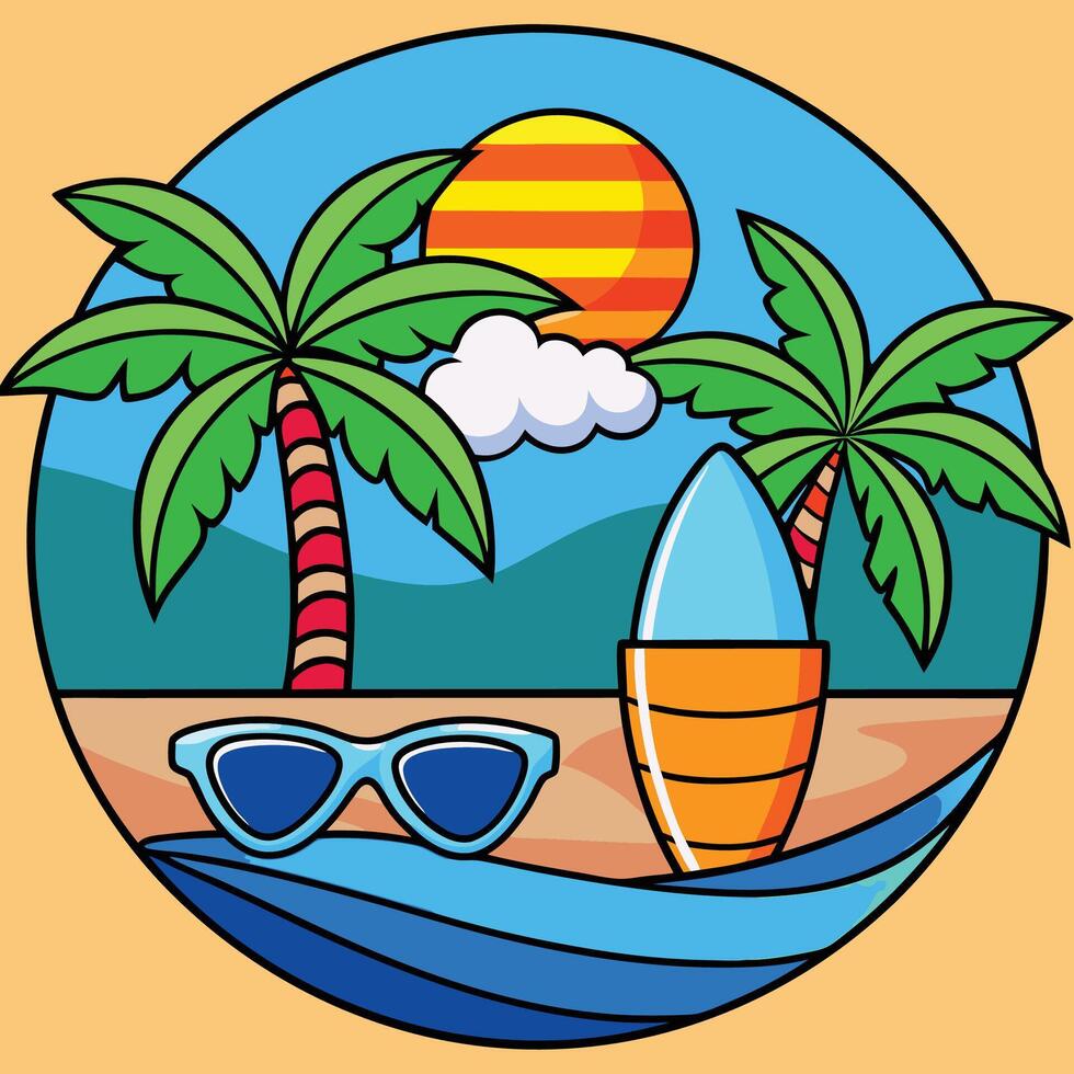 A cartoon beach scene with sunglasses, surfboard and palm trees vector