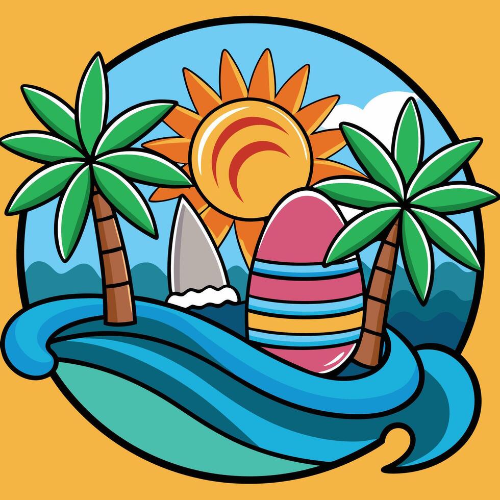A cartoon illustration of a beach scene with palm trees and surfboards vector