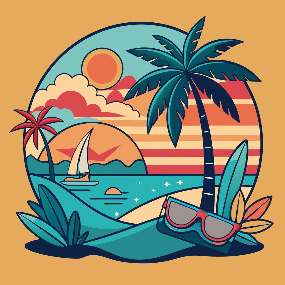Tropical island with palm trees and a sailboat vector