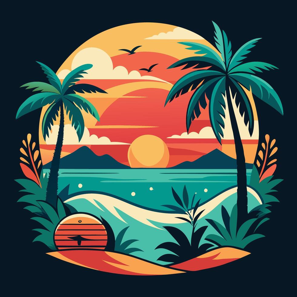 Tropical sunset with palm trees and a boat vector