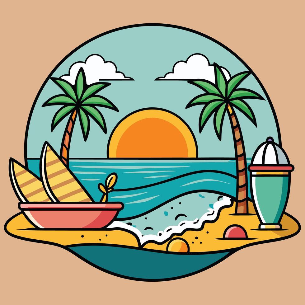 A beach scene with palm trees and a surfboard vector