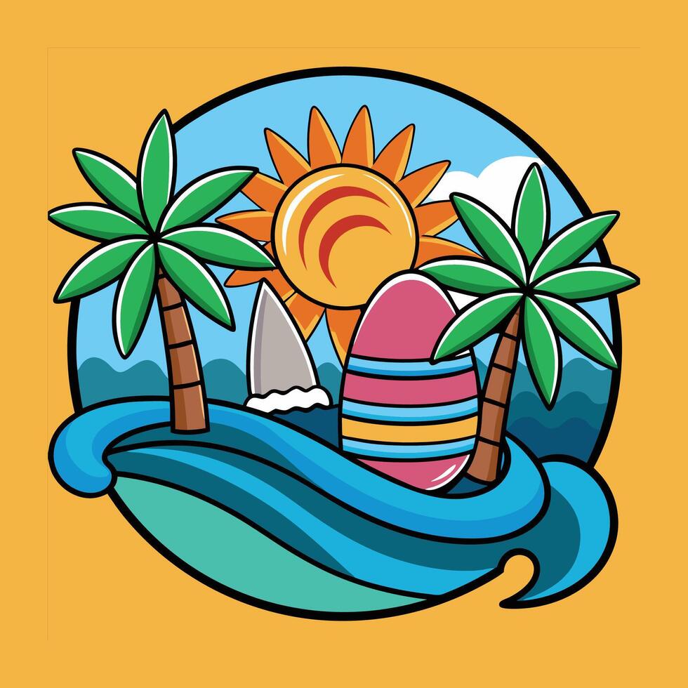 A cartoon beach scene with palm trees and an egg vector