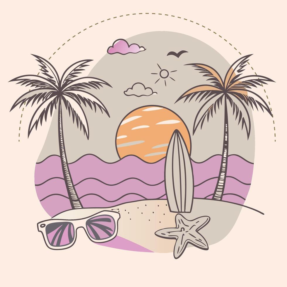 A beach scene with palm trees, surfboard and sunglasses vector