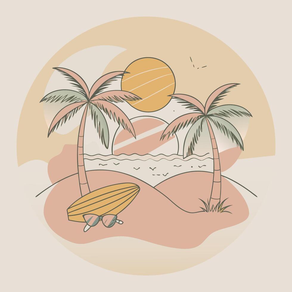 A beach scene with palm trees and surfboard vector