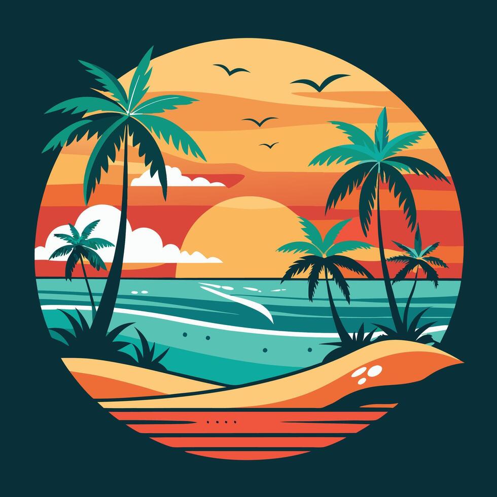 Tropical sunset with palm trees and sea vector