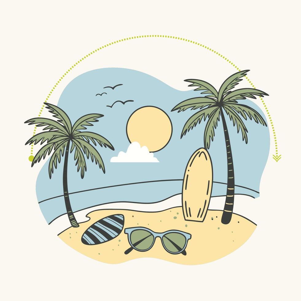 A beach scene with palm trees and surfboard vector
