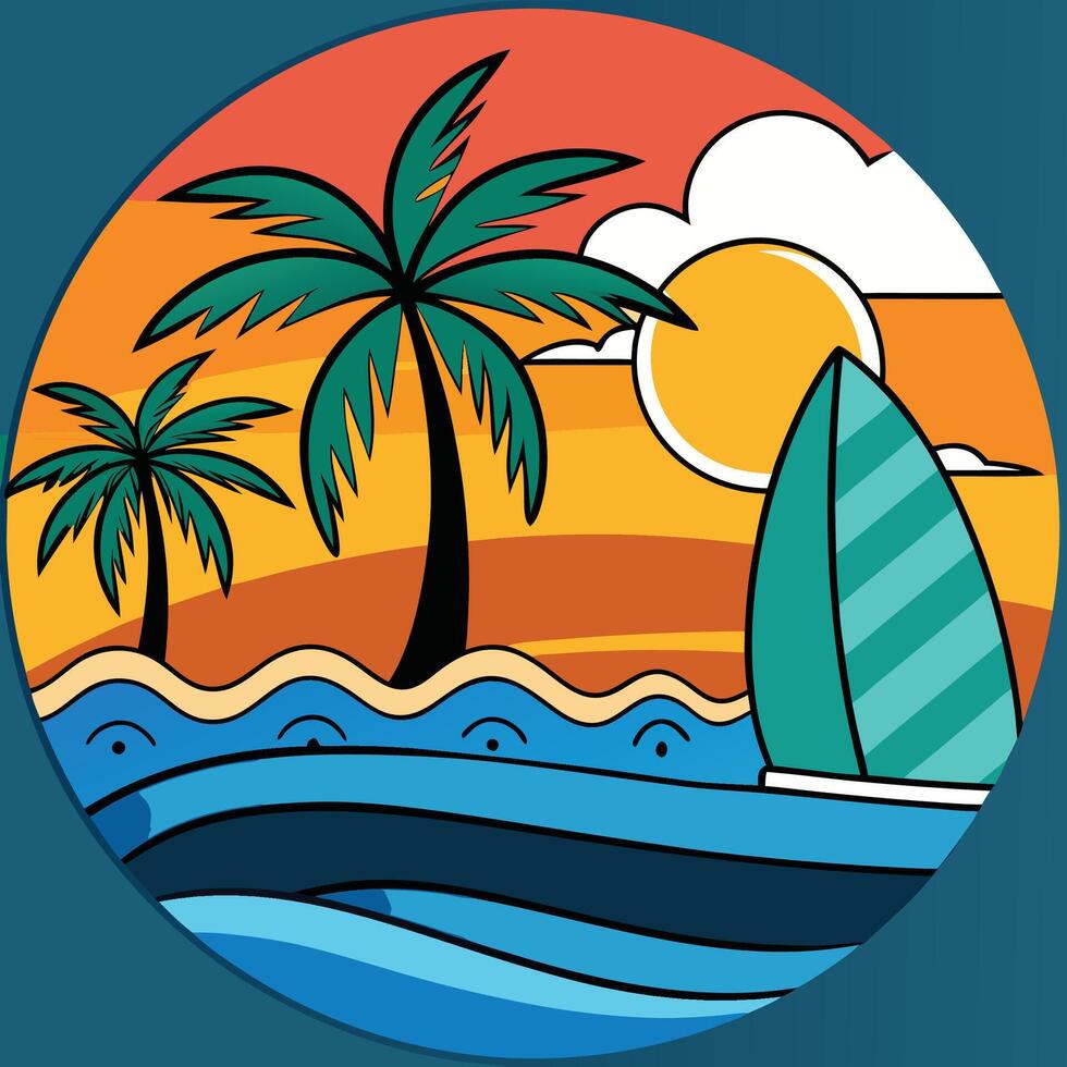 A cartoon illustration of a sailboat on the ocean with palm trees vector