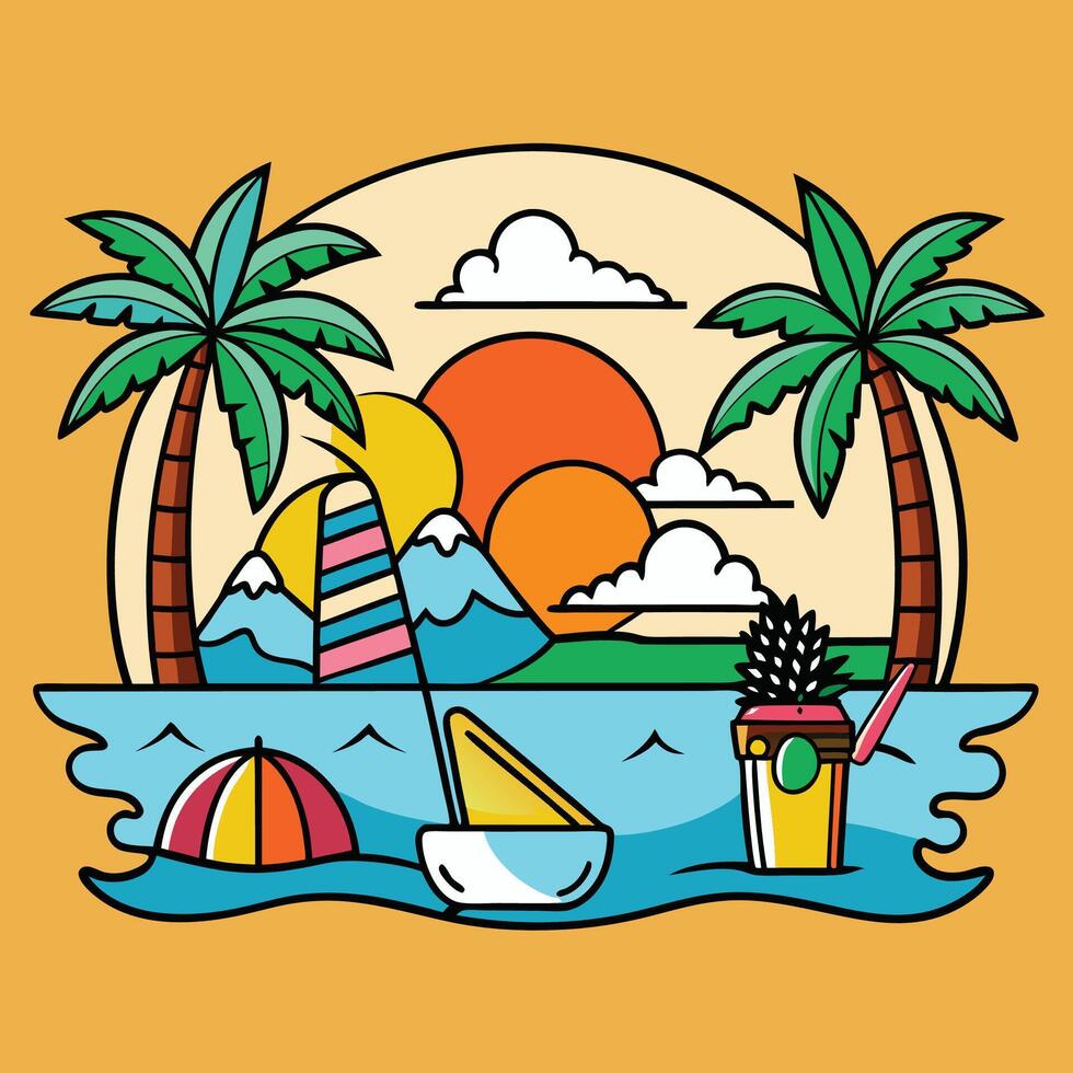Tropical island with palm trees, beach, boat and sun vector
