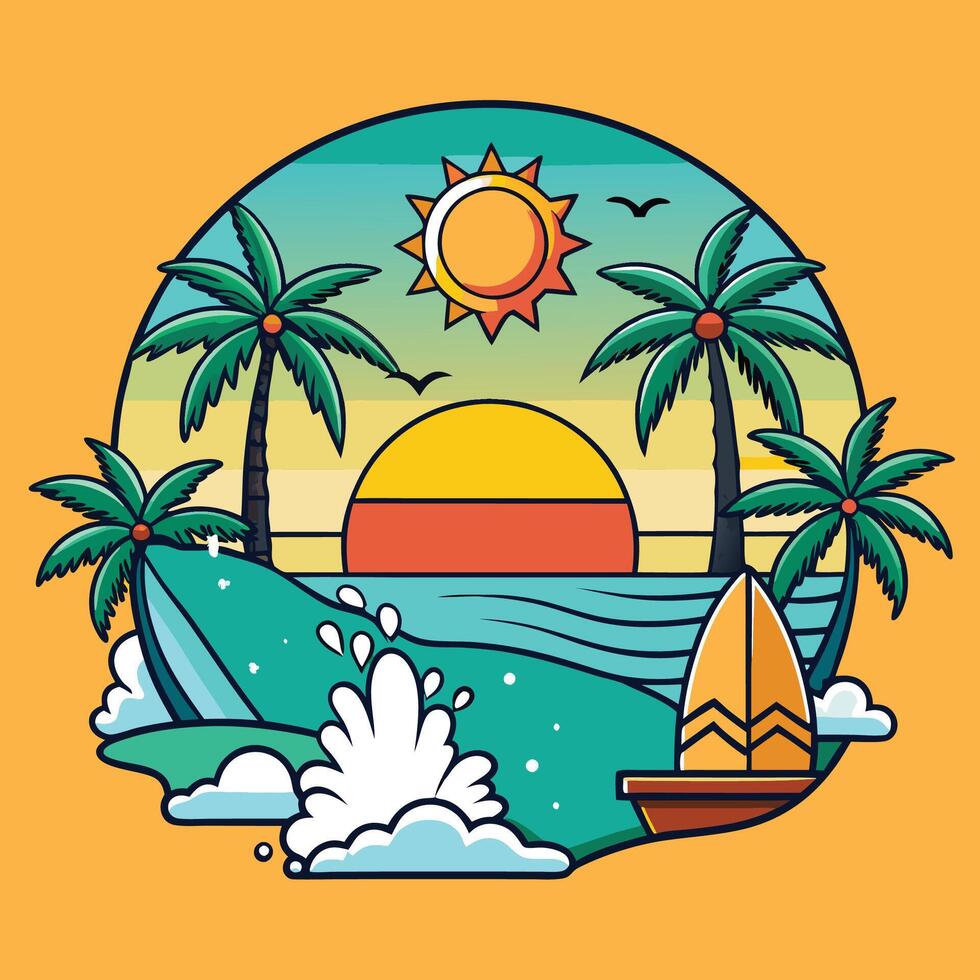 A colorful illustration of a surfboard and palm trees vector