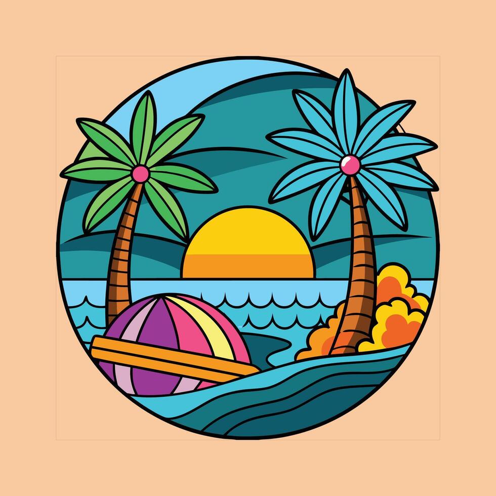 A colorful illustration of palm trees and a beach vector