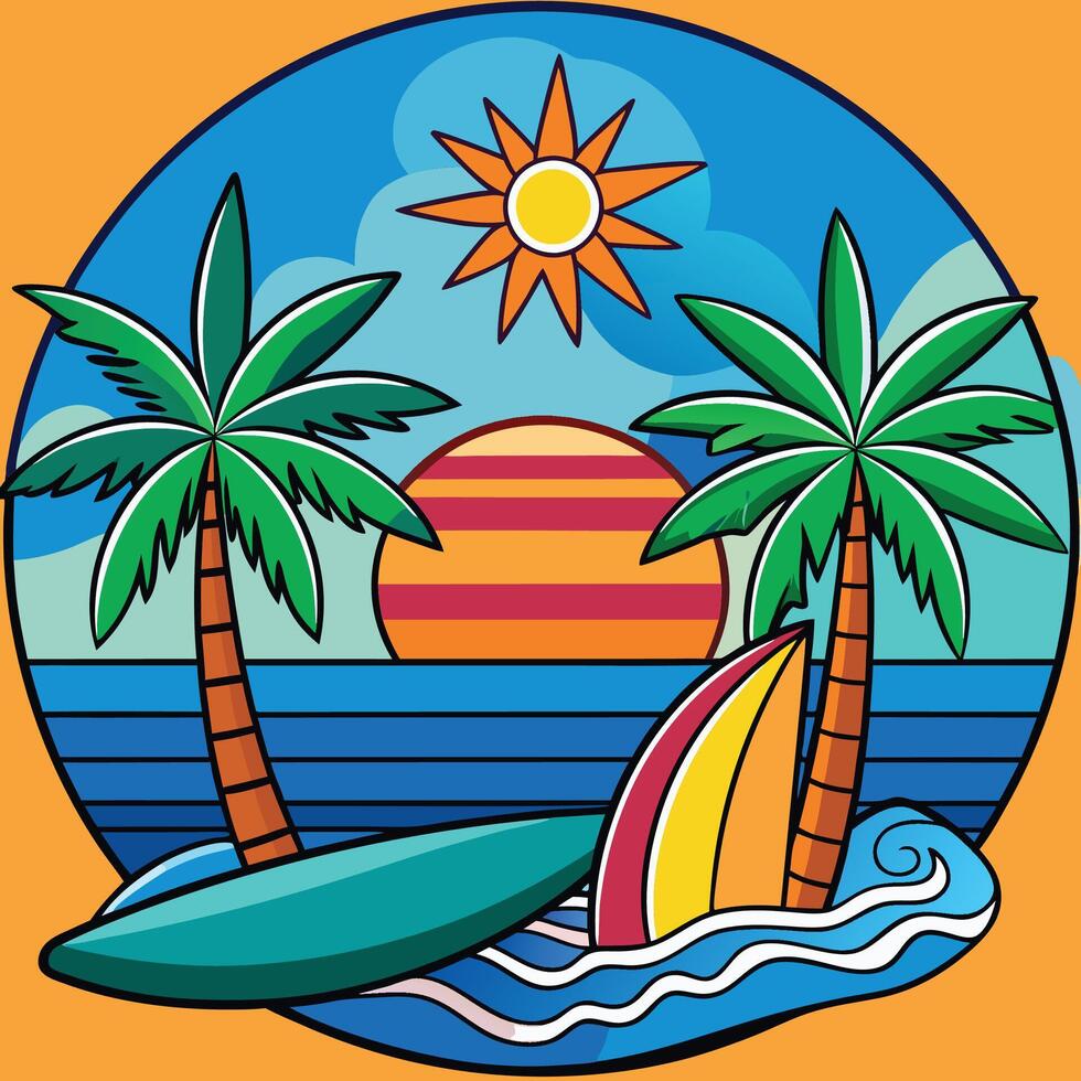 A cartoon illustration of a surfboard and palm trees on the beach vector
