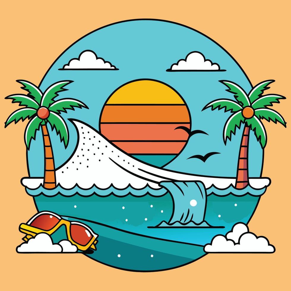 A cartoon illustration of a beach scene with palm trees and a sunset vector