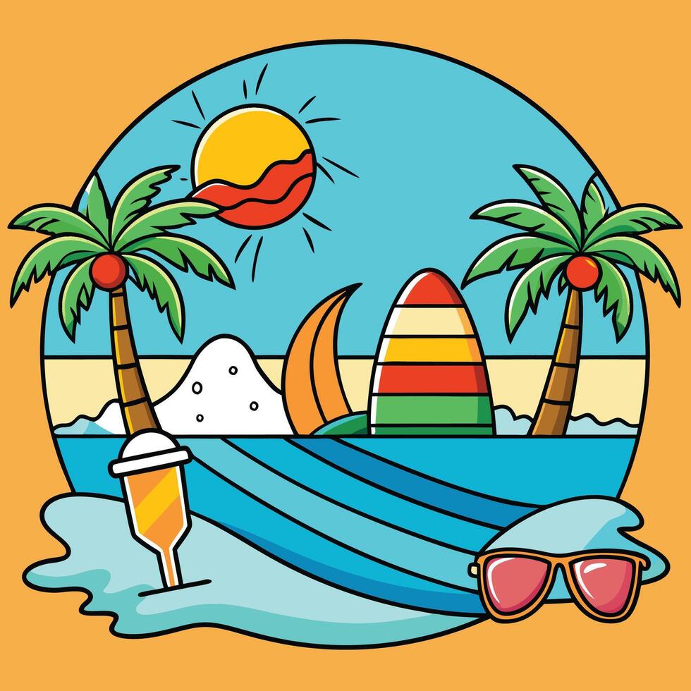 A cartoon illustration of a beach scene with palm trees and a sailboat vector
