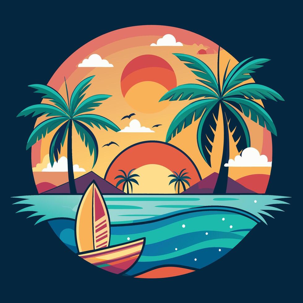 A tropical sunset with palm trees and a boat vector