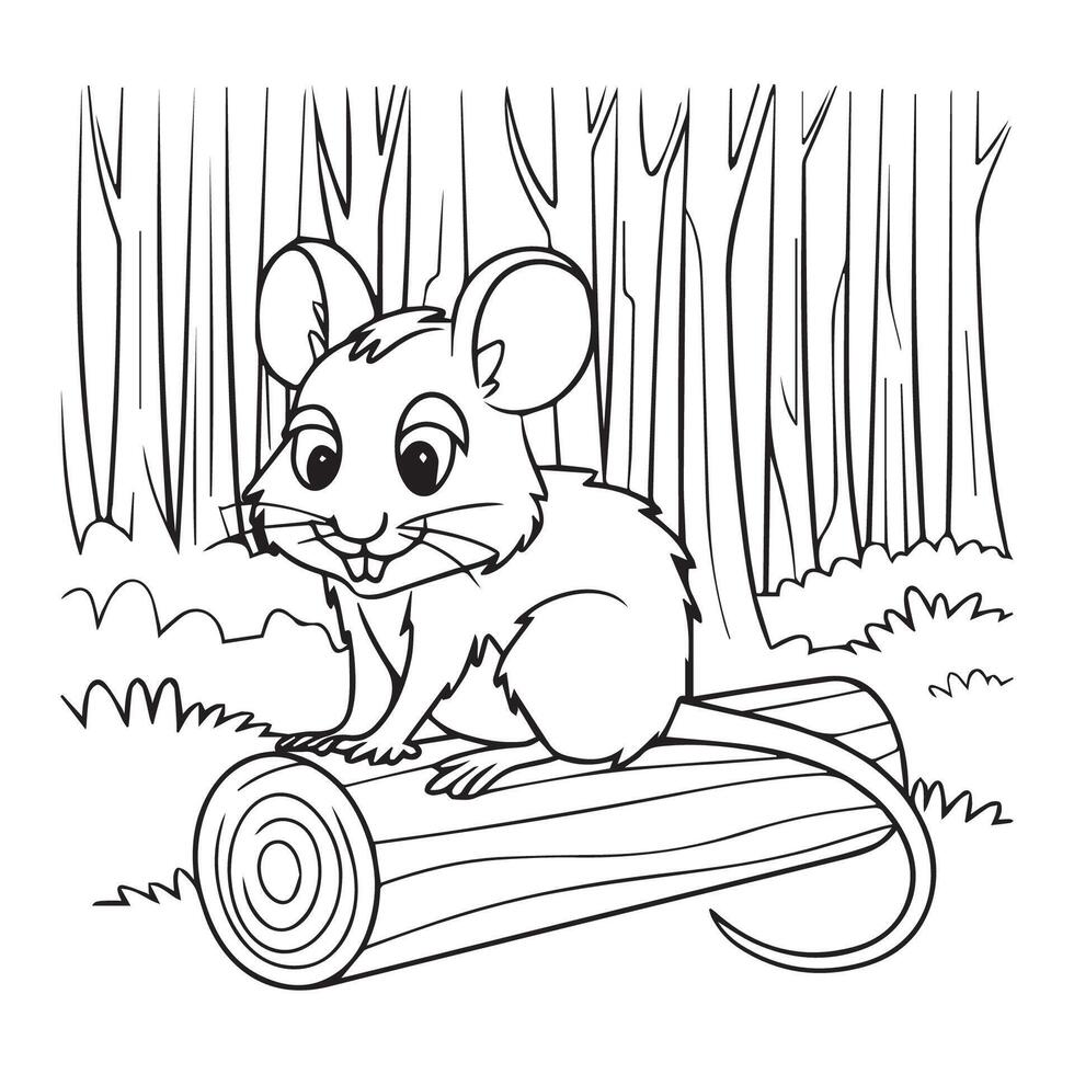Black and White cute cartoon field mouse simple line illustration vector