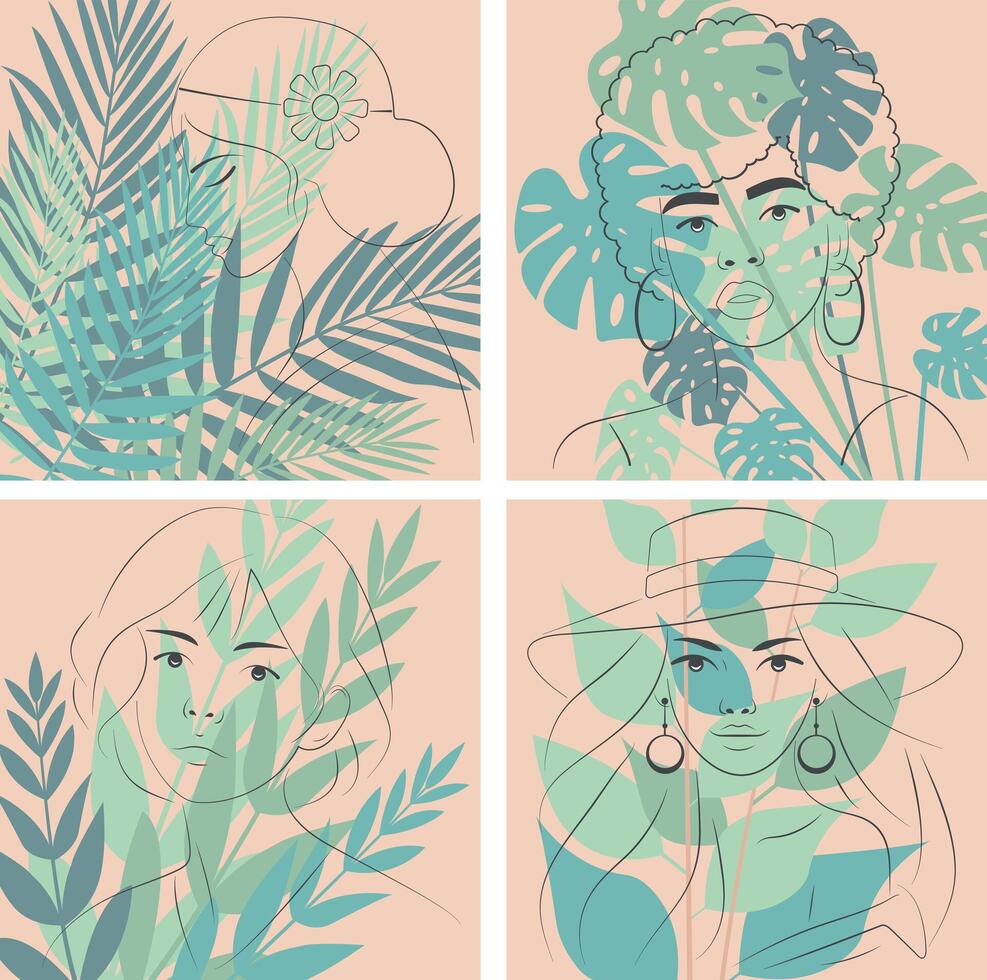 Boho Chic Backgrounds with Elegant Line Art Portraits Minimalist Tropical Leaf Designs and Feminine Faces on Warm, Earthy vector