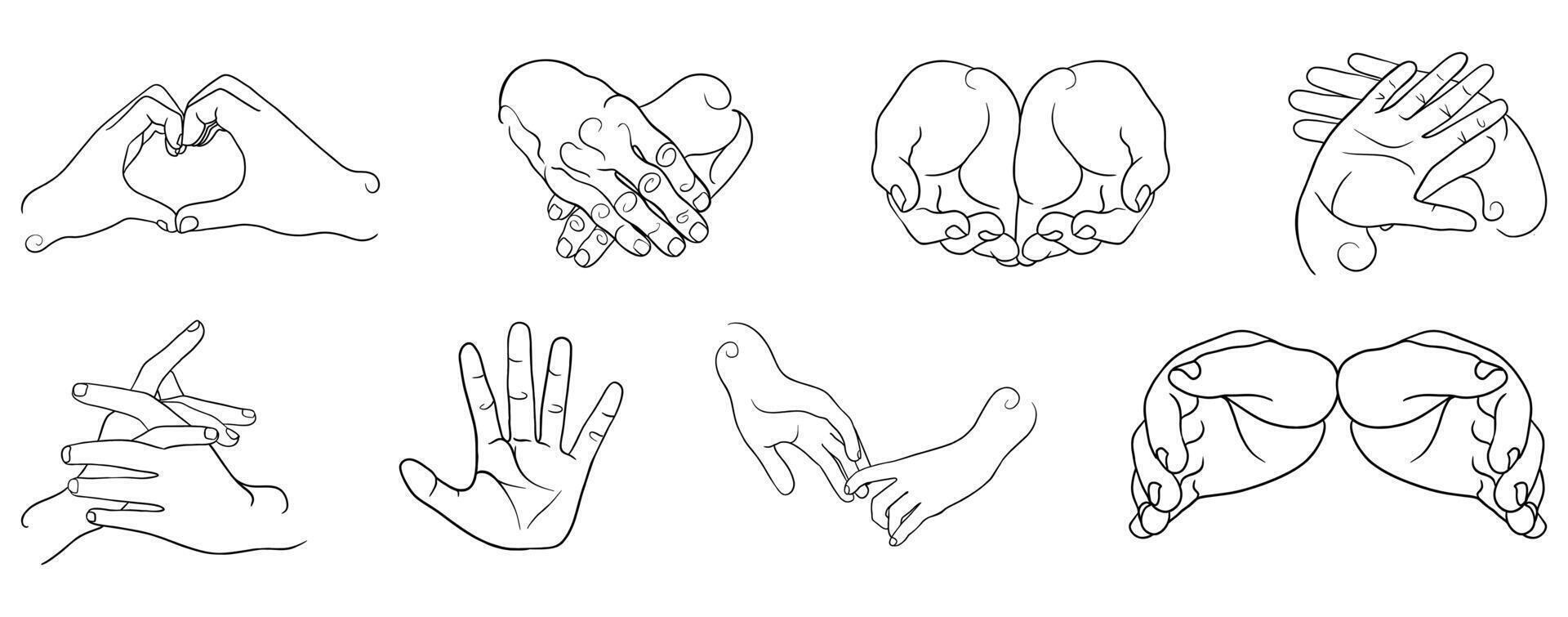 Line art drawing of hands demonstrating various gestures, including holding, showing numbers, and forming a heart shape vector