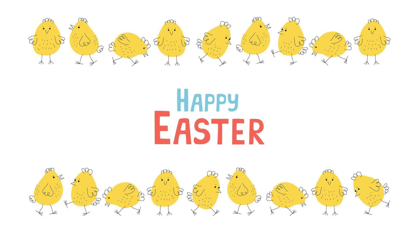 Frame, border of chickens. Happy Easter inscription. Hand drawn line icons. Easter design. Cartoon funny chick. Animals, Doodle style. Poultry, illustration, isolated objects. vector