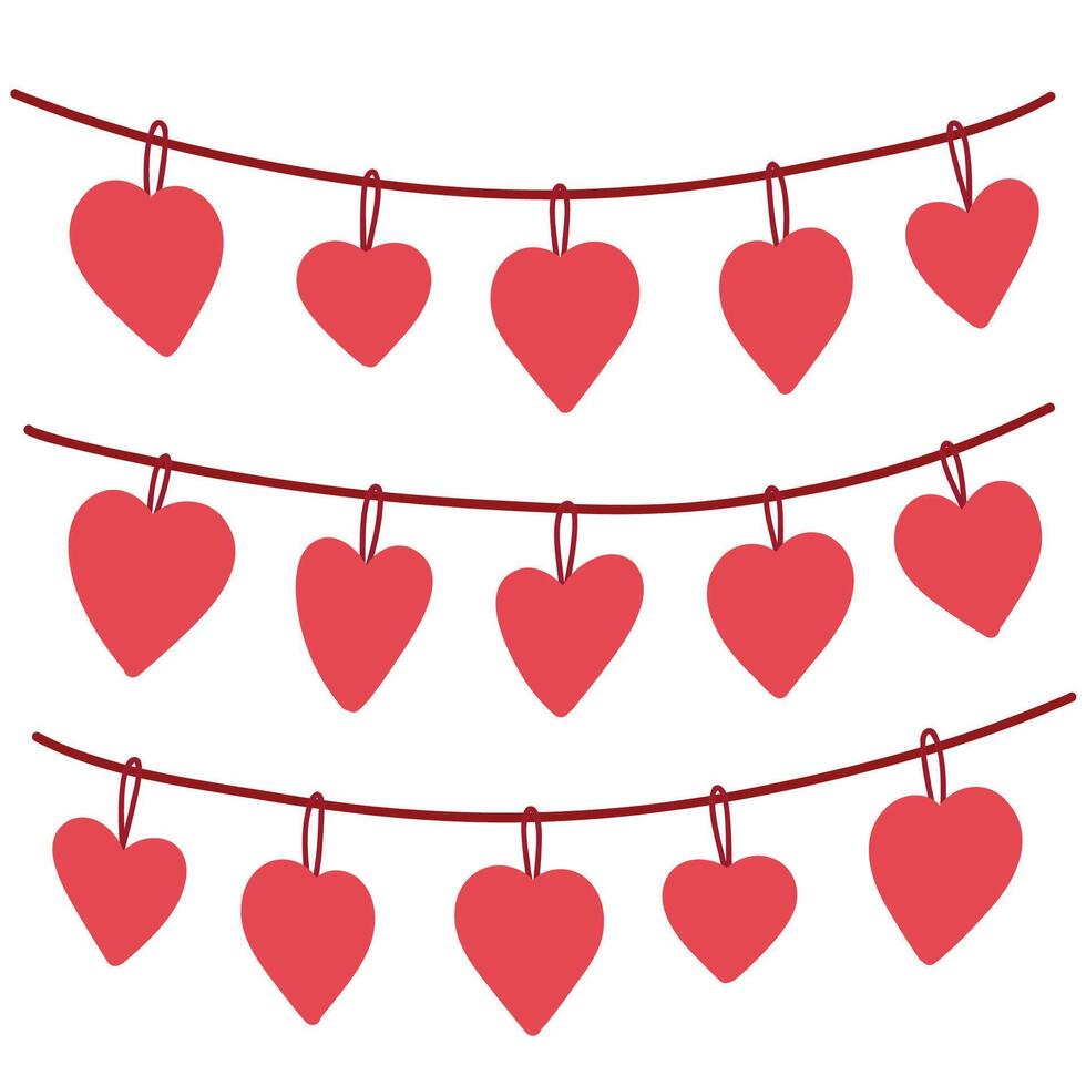 Simple Valentines Day card with red hearts on a rope. Flat illustration hearts hand drawn doodle. Simple, minimalistic, holiday card. vector