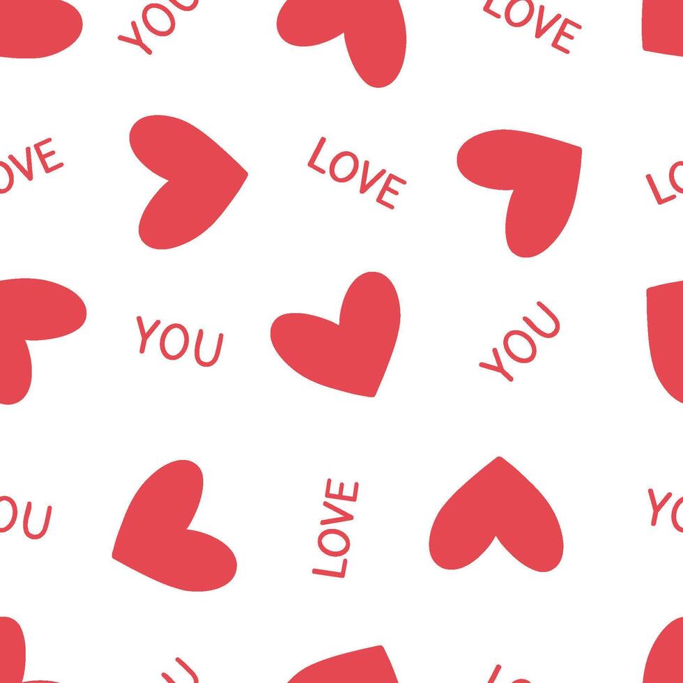 Simple red hearts seamless pattern with the words love you on a white background. Suitable for gift wrapping or greeting card for Valentine's Day. EPS10 vector