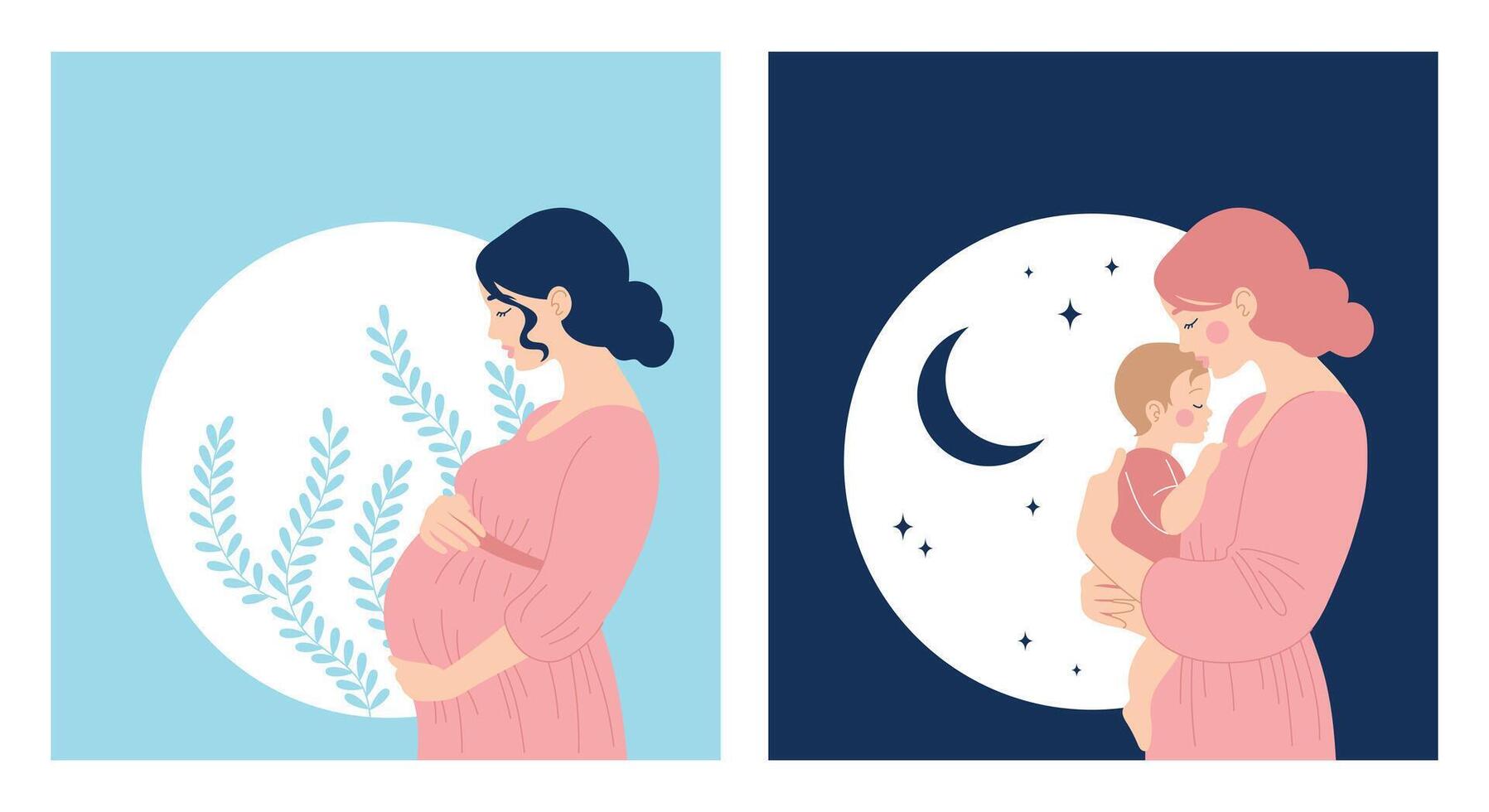 Maternity and pregnancy postcard templates with space for text. Pregnant woman holding her belly. Mom hugging baby. Happy Mothers Day. Illustration vector